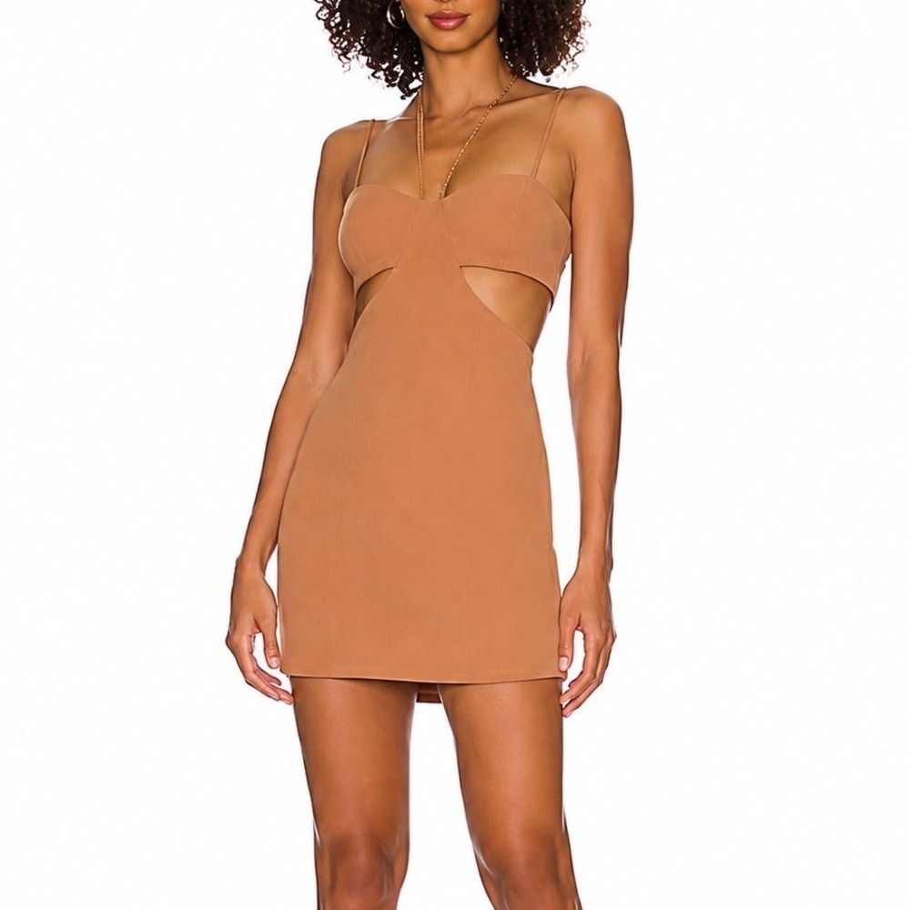 MISHA Tokyo Mini Dress Praline Brown Cutout Underwire Multi Strap Bodycon  2